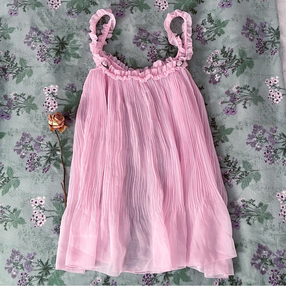 Vintage Y2K Sabrina Carpenter Pink Ruffle Pleated Rosette Babydoll Slip Dress 🌸🎀